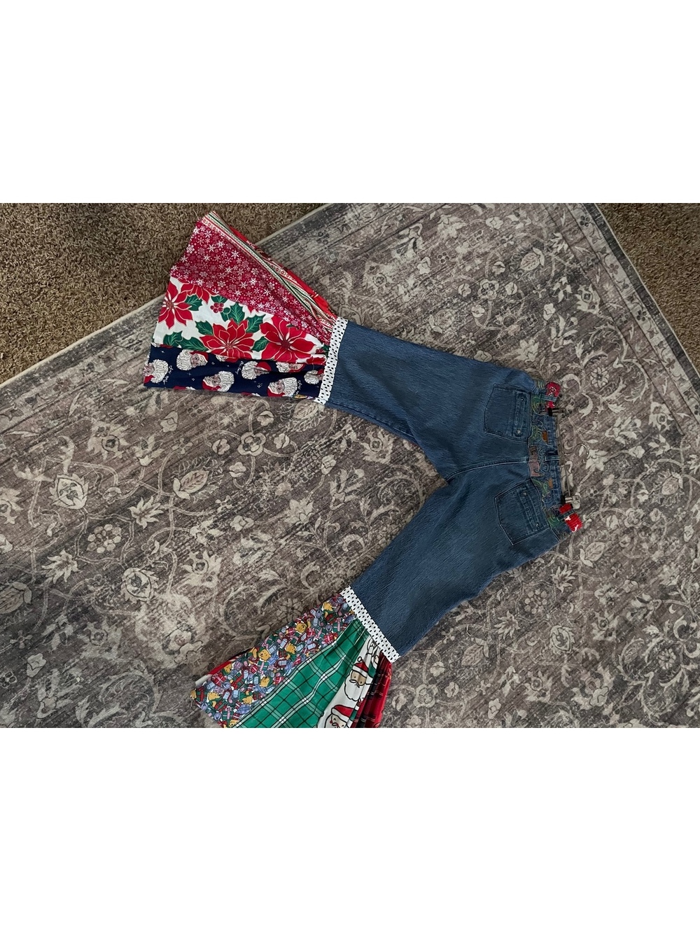 women’s Christmas Jeans patchwork ruffled flared hand sewn jeans - Picture 3 of 6